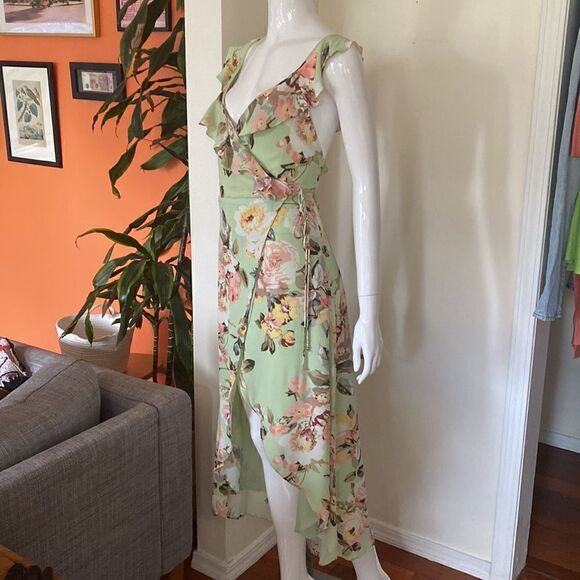 Privacy Please Mint Light Green Floral Wrap Ruffle Hi Low Dress Size XS - Picture 5 of 9
